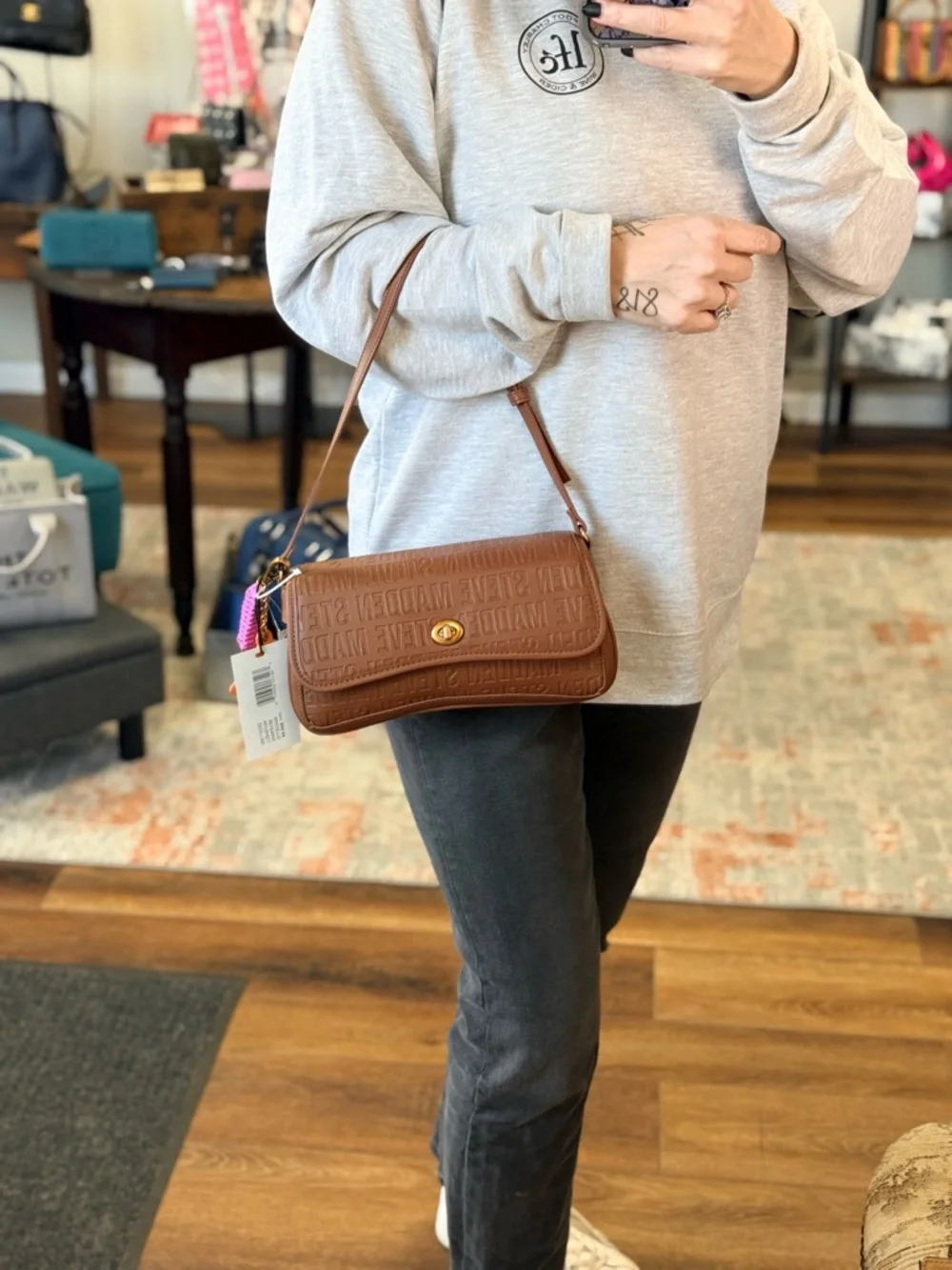 Steve Madden Tan Embossed Logo Crossbody with Gold Hardware - Picture 5 of 5